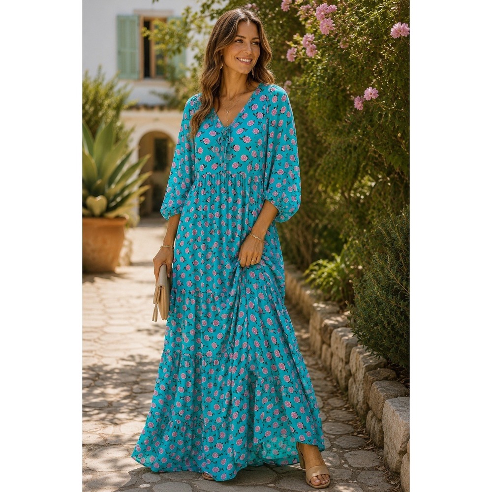 Womens Boho Cottagecore Floral Maxi L Dress Teal Pink Rose Tiered Romantic HH10